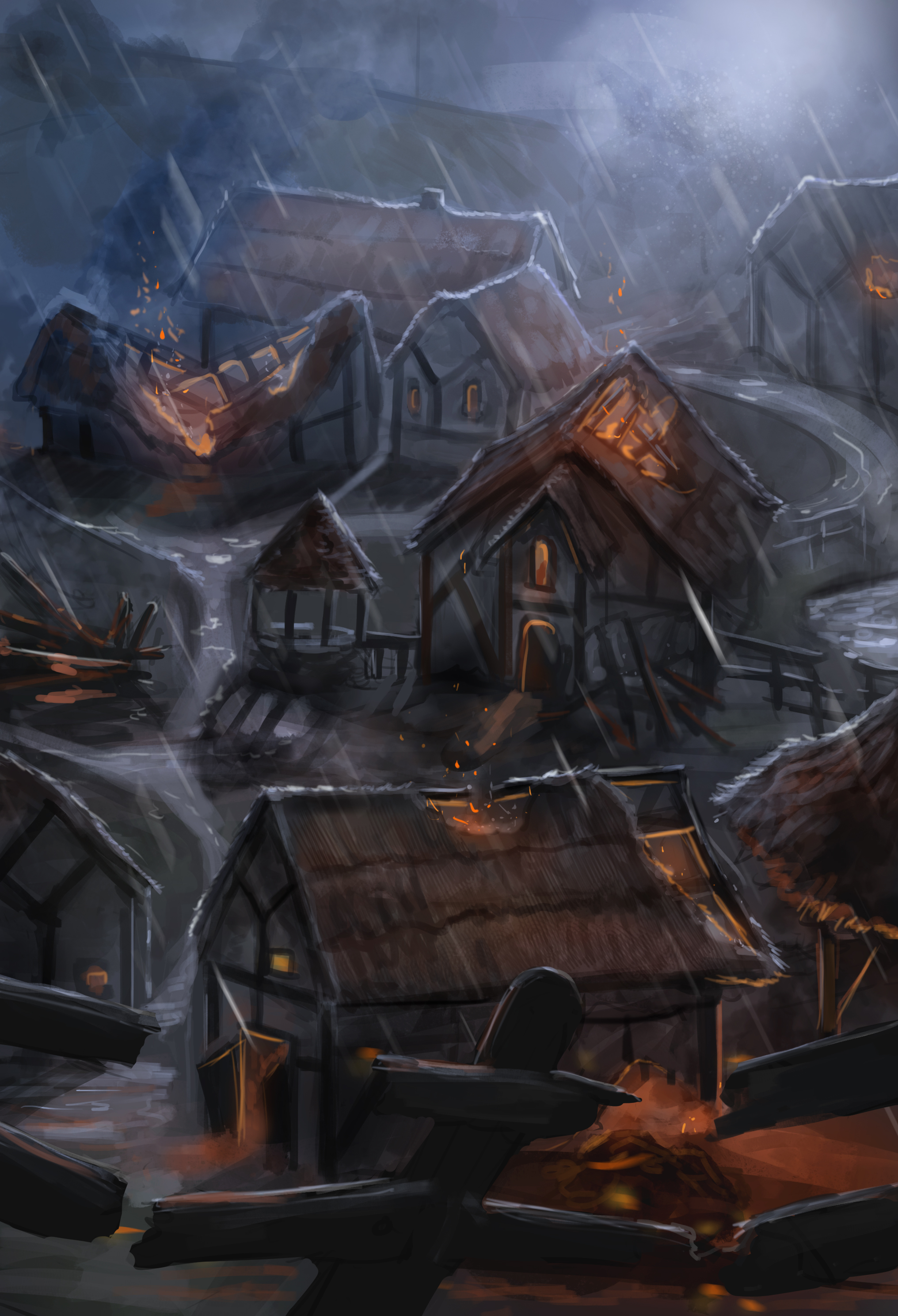 fantasy burning village