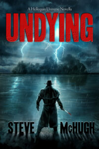 A horror book cover for Steve McHugh, for a novel called Undying. Art by The Noble Artist and shows a mysterious killer looking at an island.