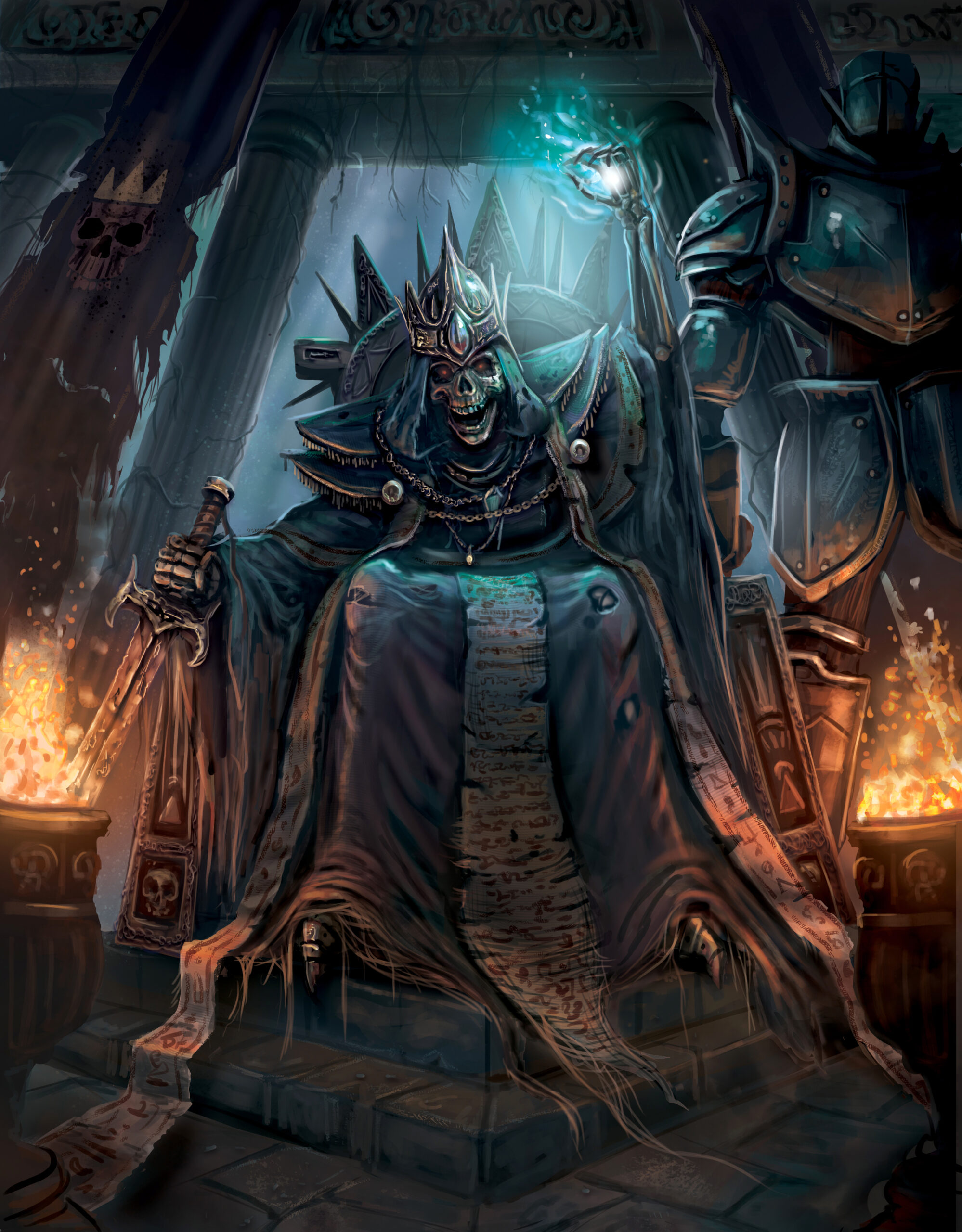 A lich king in his throne room for a dnd campaign. Artwork by The Noble Artist