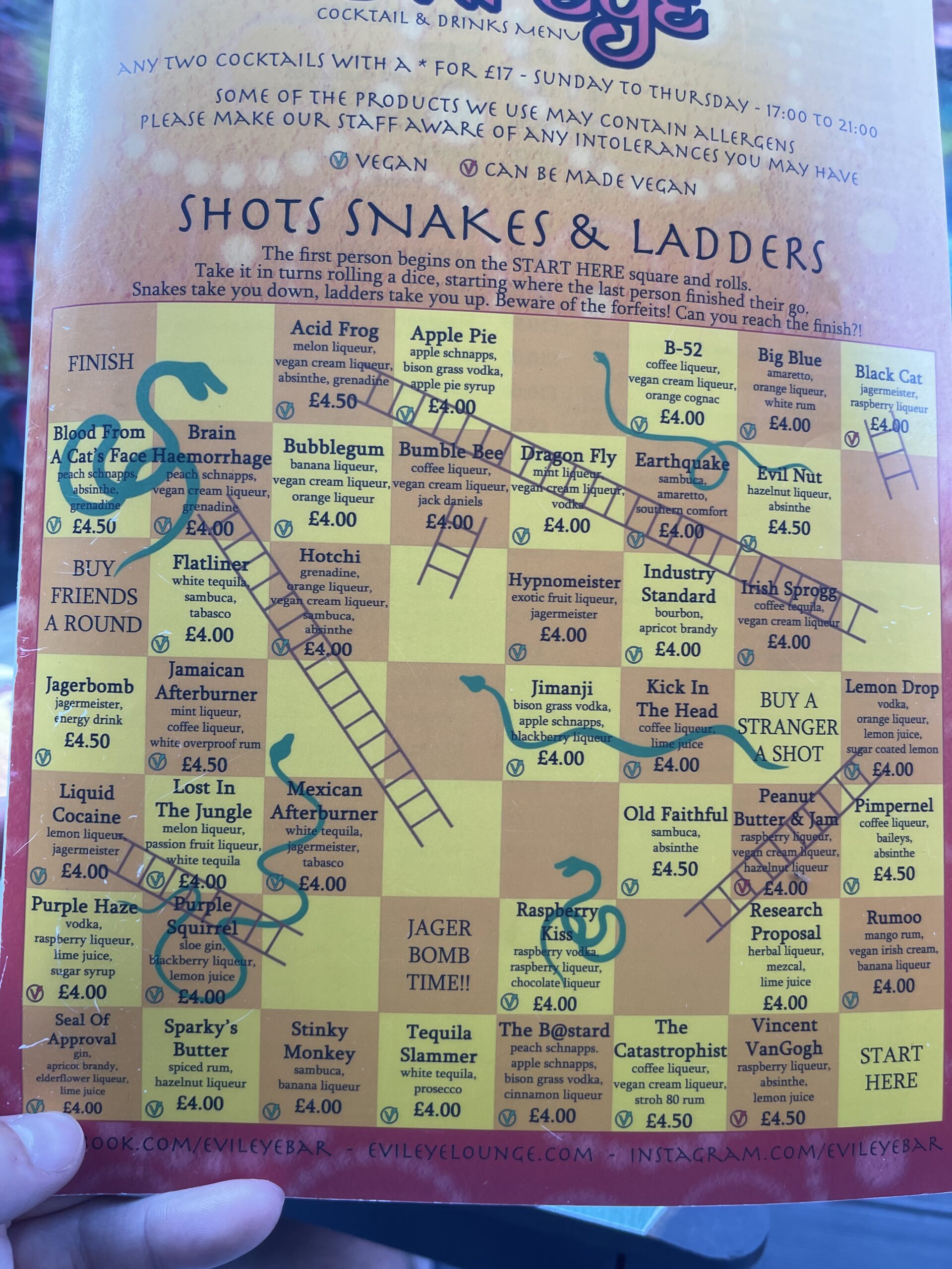 Evil Eye York, shots snakes and ladders game
