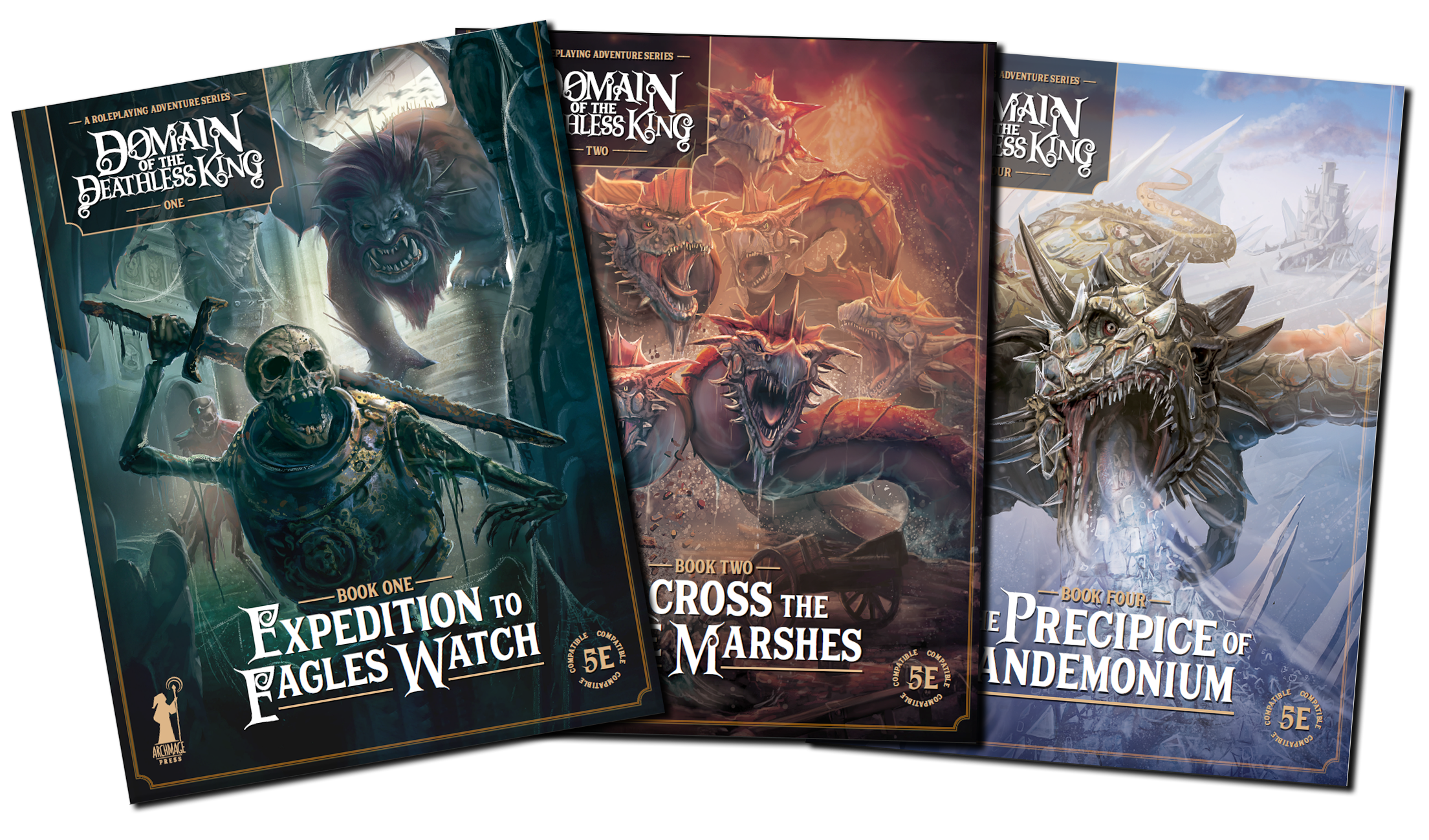 TTRPG book covers. Illustration by The Noble Artist. Fantasy artwork of a manticore, hydras and dragon.