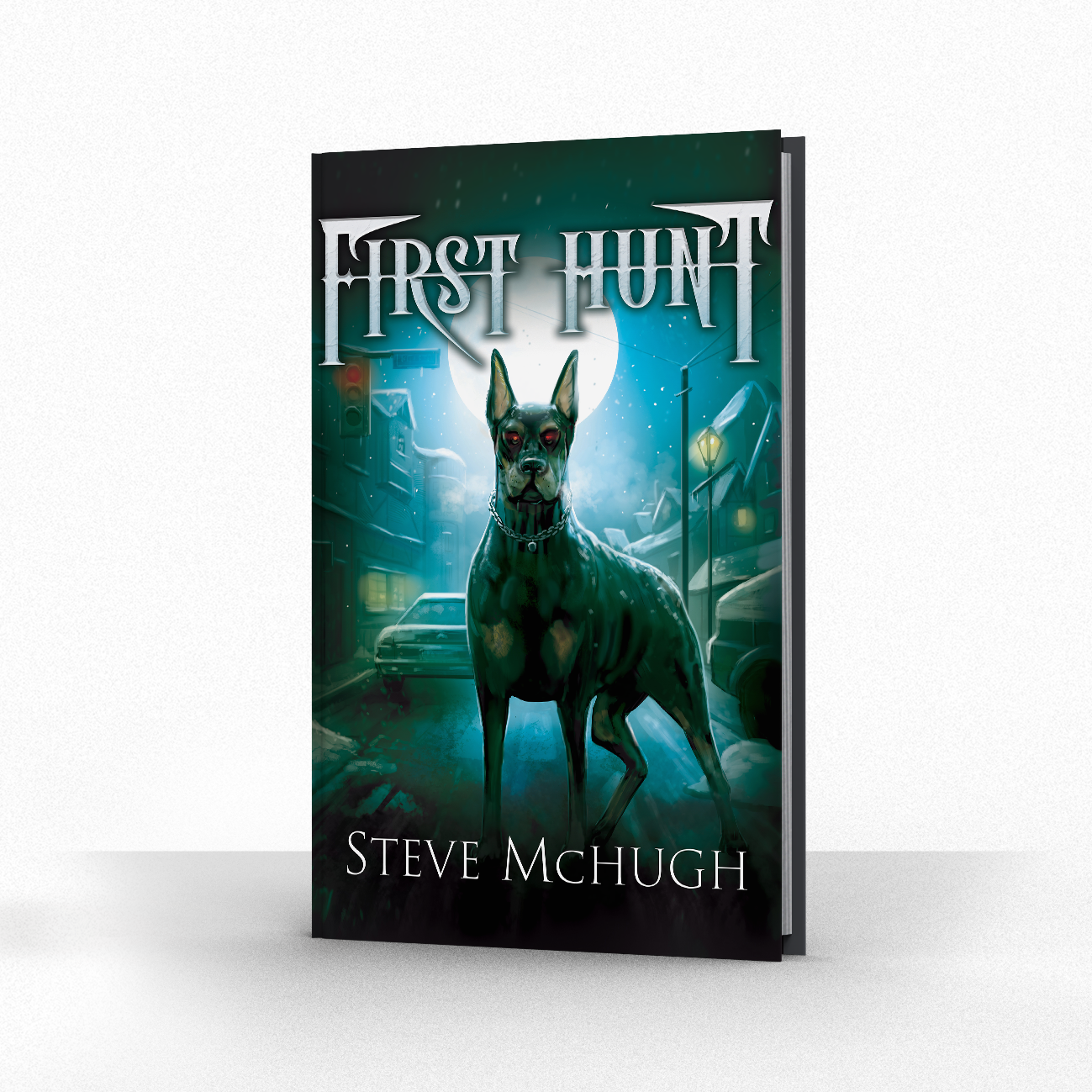 fantasy horror book cover by The Noble Artist. For Steve McHugh's First Hunt. A giant dog looks eerily on at the viewer.