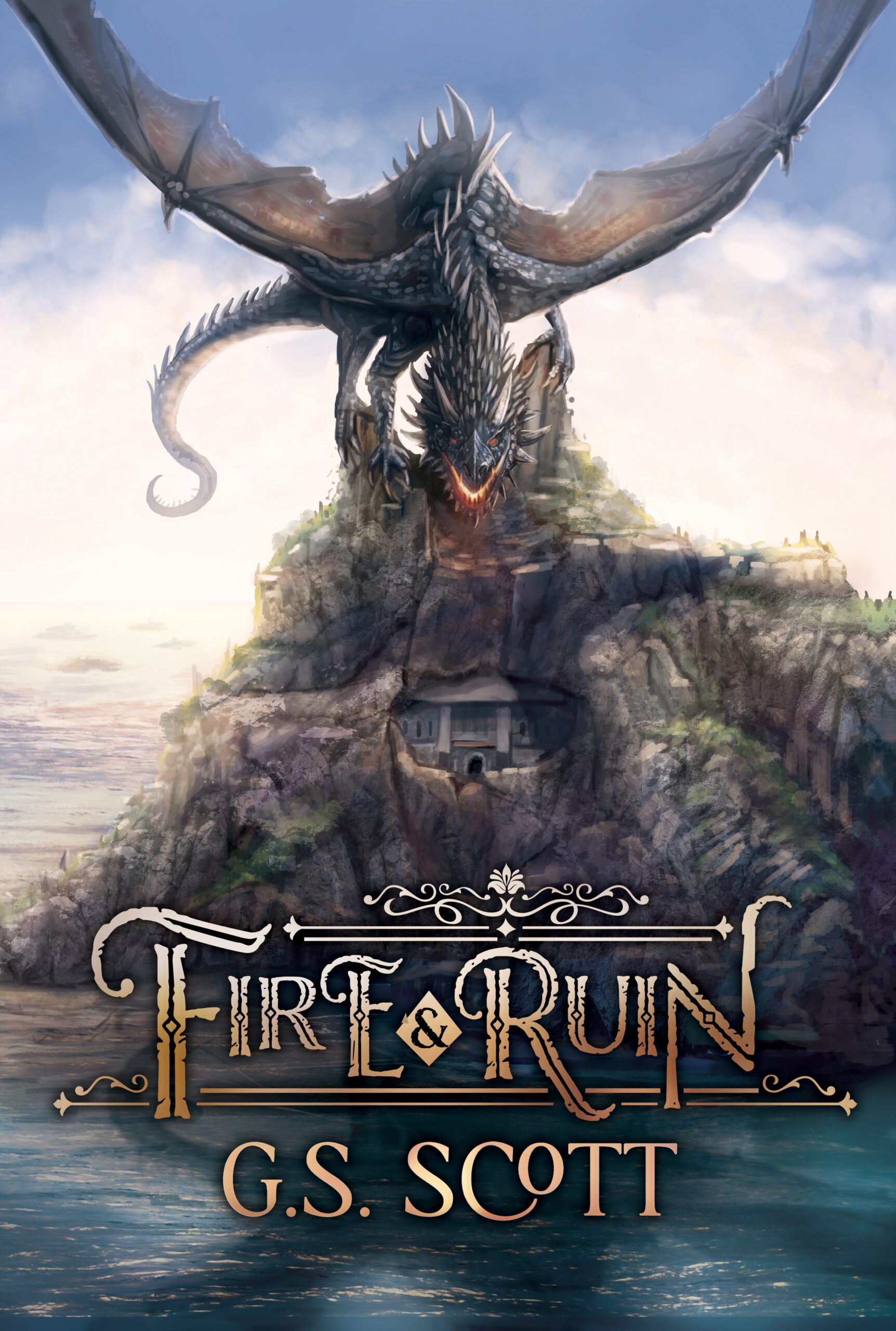 epic fantasy book cover by the noble artist. A dragon crawls over the top of a mountain to prey upon an embedded fortress