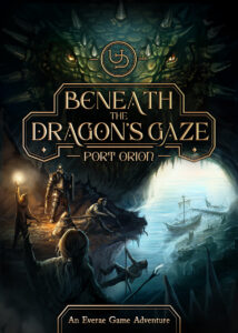 Tabletop Roleplay fantasy game cover art by the noble artist. Fantasy adventure in a sea cavern. A dragon looks over the heroes menacingly.