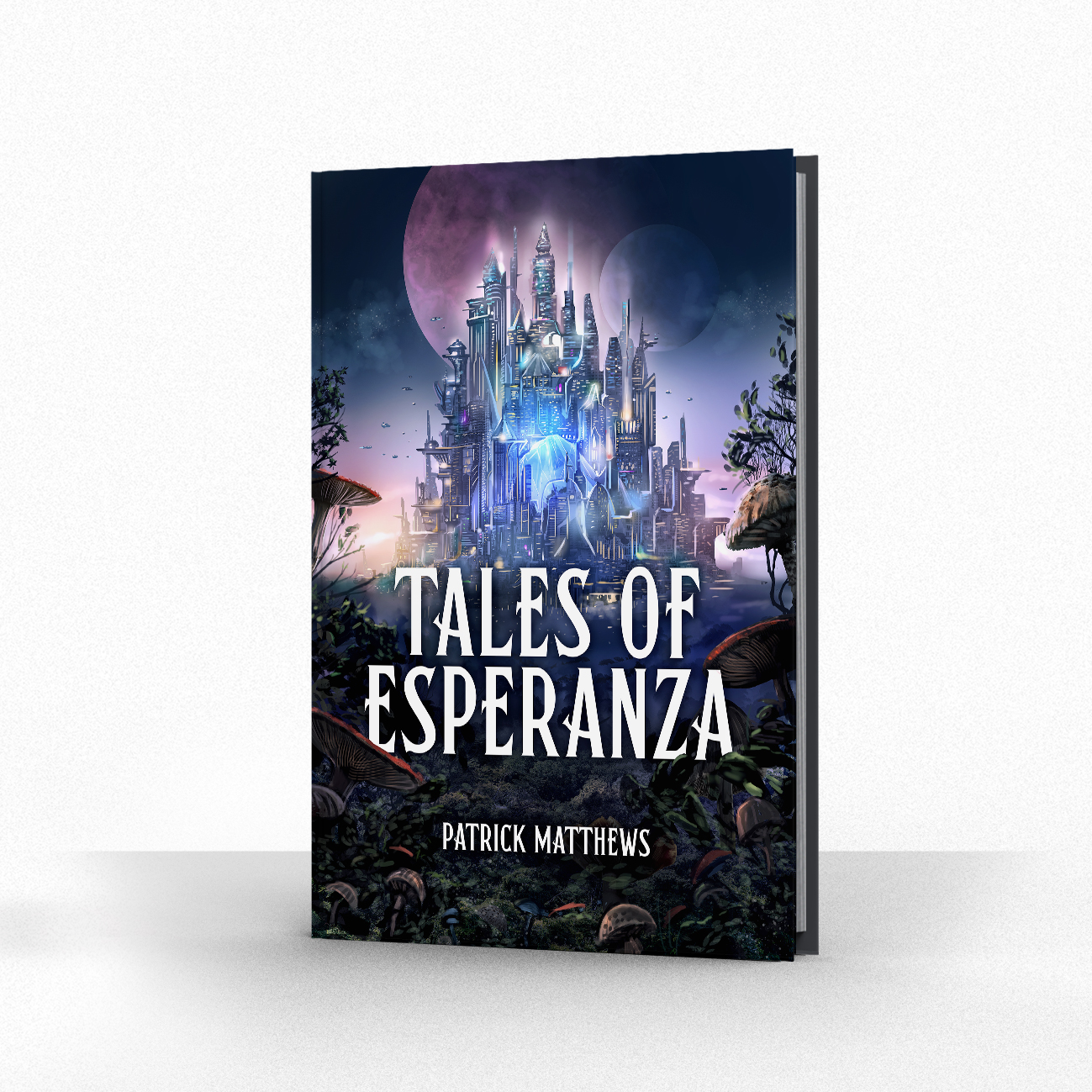 A sci-fi-fantasy book cover by The Noble Artist for author client, Patrick Matthews. A sci fi city protrudes from a fantasy landscape.